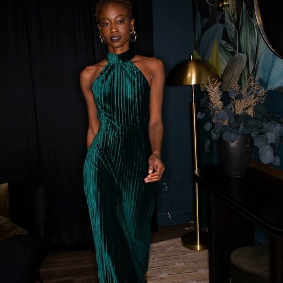 Alexia Admor Velvet Formal Wide Leg Jumpsuit Emerald Green Holiday Size 2 - Picture 10 of 10